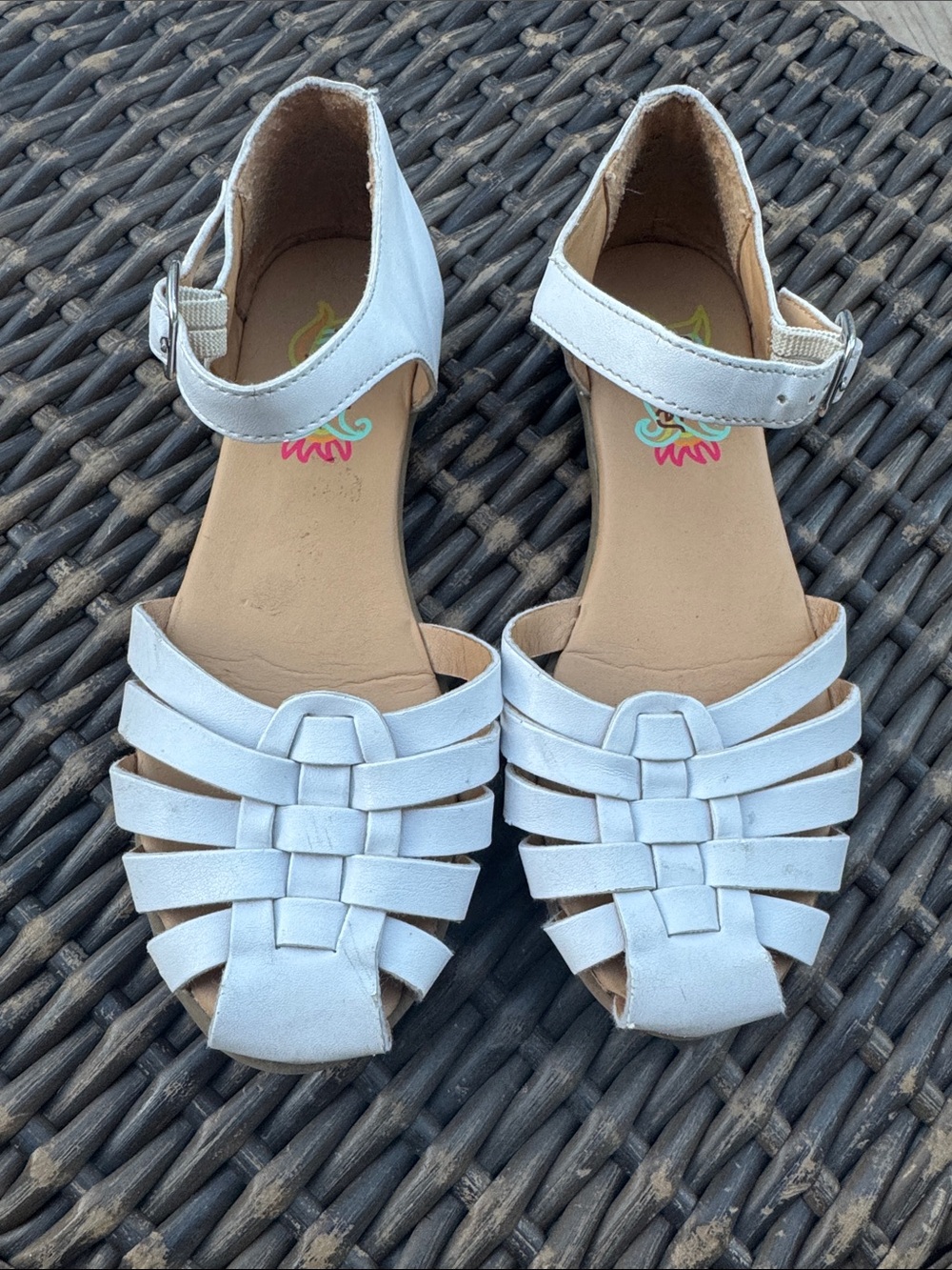 Rachel Shoes White Woven Strap Sandals with Ankle Buckle